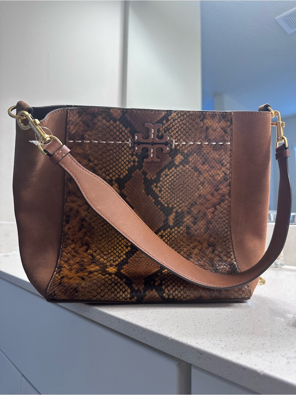 Tory Burch Brown Snake-Print Shoulder Bag with Gold Hardware